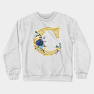 Monogram Letter C In Metallic Gold With Aesthetic Blue Flowers Botany Crewneck Sweatshirt